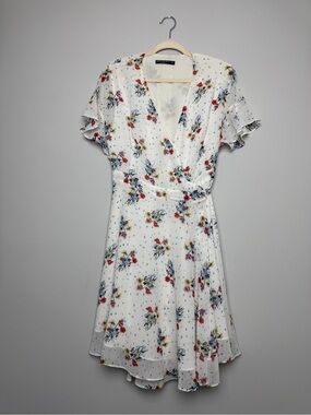 Floral Wrap Midi Dress in White with Red & Yellow Accents